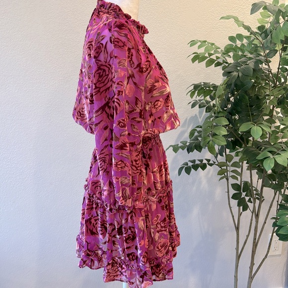OPT Pink Velvet Floral Mock Neck Long Sleeve Tiered Mini Dress Size Extra Small - Picture 7 of 9